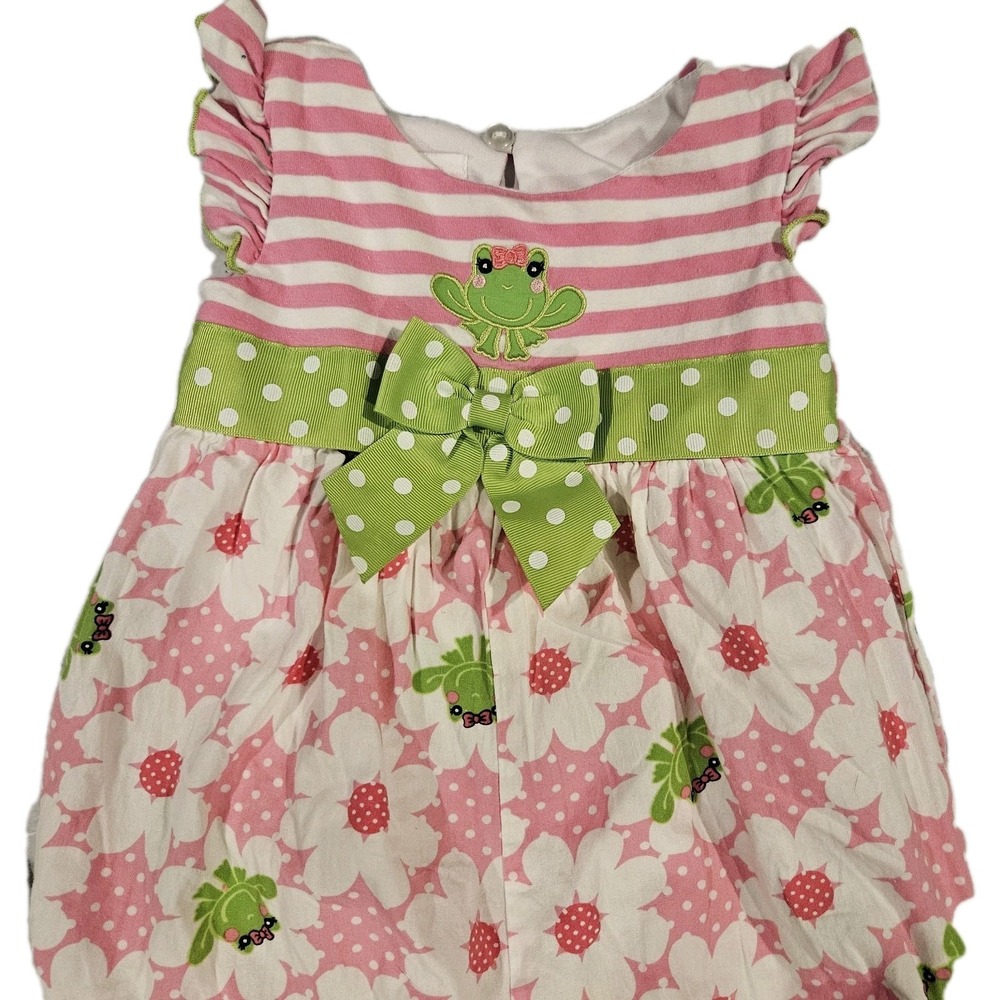 Bonnie Baby Frog Bubble Romper 18M Pink Green Floral Appliqué Snaps On Bottom‎